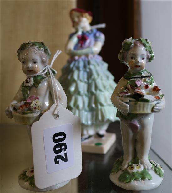 Royal Doulton figure, Maisie HN1613 & a pair of Derby figures of amorini (a.f.)